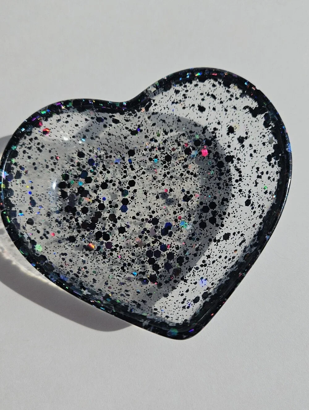 Handmade Holographic Black Glitter Mini Heart Resin Dish Jewelry Tray Girly Deco